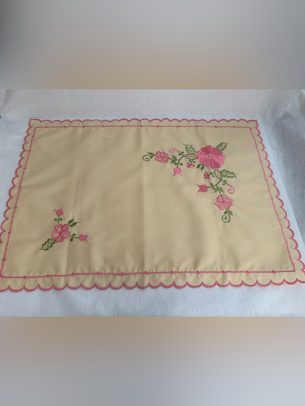 Ivory Pink & Green Floral Embroidered Pillowcase, Scalloped Edge, 33x 23 VTG